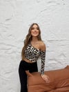 Tek Omzu Açık Uzun Kol Leopar Crop Bluz