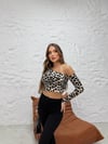Tek Omzu Açık Uzun Kol Leopar Crop Bluz