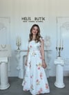 Baskılı Pamuk Keten Kare Yaka Fırfırlı Midi Elbise - Ekru