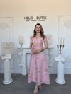Baskılı Pamuk Keten Kare Yaka Fırfırlı Midi Elbise - Pembe