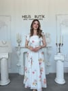Baskılı Pamuk Keten Kare Yaka Fırfırlı Midi Elbise - Ekru