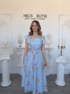 Baskılı Pamuk Keten Kare Yaka Fırfırlı Midi Elbise - Mavi
