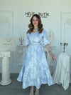 Çiçek Jakarlı Pamuklu Balon Kol Kemerli Elbise - Mavi