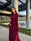 Fırfır Detay Bordo Elbise