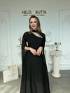 Göğüs Taş Detaylı Uçuşan Şifon Kollu Tam Boy Elbisev - Siyah
