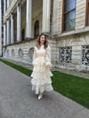Nakışlı Karolin Kumaş Volanlı Kat Kat Bej Kuşaklı Elbise