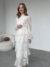 Nakışlı Karolin Kumaş Volanlı Kat Kat Ekru Kuşaklı Elbise