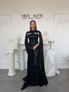 Payetli Pelerinli Balık Model Premium Abiye Elbise - Lacivert