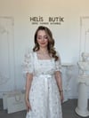 Pullu Çiçek Nakışlı Saten Kurdele Detaylı Uzun Abiye - Ekru