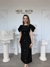 Saten Kol Detaylı Kristal Taş İşlemeli Abiye Elbise - Siyah