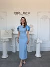 Saten Kol Detaylı Kristal Taş İşlemeli Abiye Elbise - Mavi