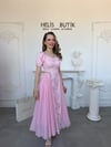Taş İşlemeli Dantel ve Şifon Detaylı Abiye Elbise - Pembe