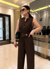 Acı Kahve Keten Karışımlı Bluz Pantolon Takım
