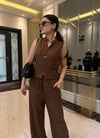 Kahve Keten Karışımlı Bluz Pantolon Takım