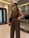 Kahve Keten Karışımlı Bluz Pantolon Takım