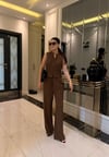 Kahve Keten Karışımlı Bluz Pantolon Takım
