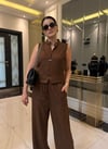 Kahve Keten Karışımlı Bluz Pantolon Takım