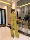 Neon Yeşil Keten Karışımlı Bluz Ve  Pantolon Takım 