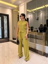Neon Yeşil Keten Karışımlı Bluz Ve  Pantolon Takım 