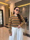 Premium Haki-Kahve Polo Yaka Çizgili Kazak