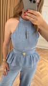 Halter Yaka Peplum Pantolon Takım-Mavi