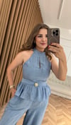 Halter Yaka Peplum Pantolon Takım-Mavi