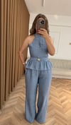 Halter Yaka Peplum Pantolon Takım-Mavi