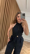 Halter Yaka Peplum Pantolon Takım-Siyah