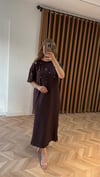 İnci İşlemeli Modal Maxi Elbise-Kahve