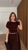 Kahve Drape Yaka Kemerli Asimetrik Kesim Elbise