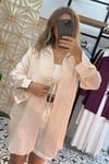 Kendinden Çizgili Ekru Oversize Önden Bağlamalı Gömlek