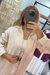Kendinden Çizgili Ekru Oversize Önden Bağlamalı Gömlek