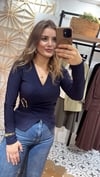 Lacivert Ottomon Kumaş Kruvaze Tokalı Bluz