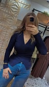 Lacivert Ottomon Kumaş Kruvaze Tokalı Bluz