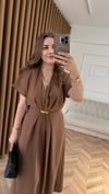Saten Broş Kemerli Elbise-Kahve