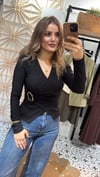 Siyah Ottomon Kumaş Kruvaze Tokalı Bluz