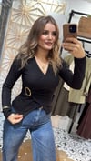 Siyah Ottomon Kumaş Kruvaze Tokalı Bluz