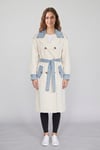 Kadın Krem Denim Detaylı Uzun Trençkot M87077 Taş