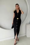 DİK YAKA BOYDAN DÜĞMELİ KEMERLİ ELBİSE SİYAH