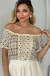 SARI KOMBİNE DESENLİ DANTELLİ TOP