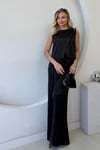 SİYAH PARLAK SATEN KEMERLİ PANTOLON VE BLUZ TAKIM