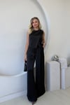 SİYAH PARLAK SATEN KEMERLİ PANTOLON VE BLUZ TAKIM