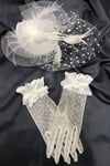 Beyaz Dantelli Eldiven-Puantiyeli Vualet Nikah Şapkası