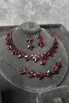 Bordo Renk Vintage Model Taşlı Kolye Küpe Bileklik Set Zarif Şık Abiye Düğün Takı