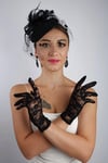 Siyah Kısa Dantelli Gelin Eldiveni Düğün Nikah Aksesuarı Fascinator Şapka Seti