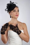 Siyah Kısa Dantelli Gelin Eldiveni Düğün Nikah Aksesuarı Fascinator Şapka Seti