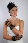Siyah Kısa Kalpli Fiyonklu Gelin Eldiveni Düğün Nikah Aksesuarı Fascinator Şapka Seti