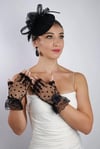 Siyah Kısa Kalpli Fiyonklu Gelin Eldiveni Düğün Nikah Aksesuarı Fascinator Şapka Seti