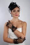 Siyah Kısa Kalpli Fiyonklu Gelin Eldiveni Düğün Nikah Aksesuarı Fascinator Şapka Seti
