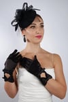 Siyah Kısa Saten Gelin Eldiveni Düğün Nikah Aksesuarı Fascinator Şapka Seti
